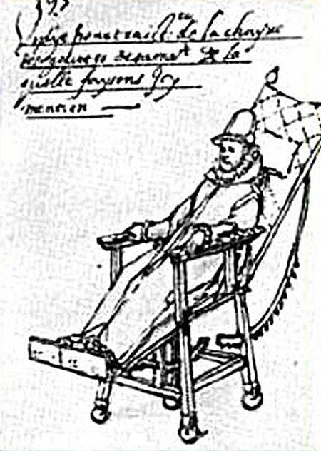 A drawing from the 15th Century of a man in a whellchair. The chair is large with small wheels. The person is slightly reclined due to the design of the chair