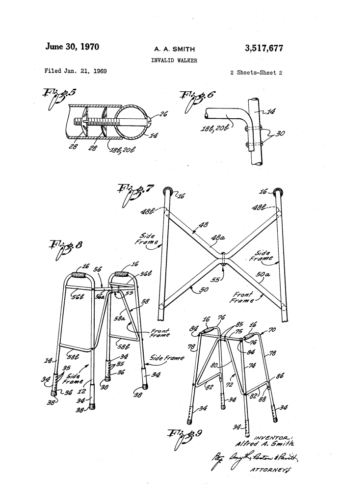 A technical drawing of a mobility aid walker. It shows a metal frame with 3 sides and handles at the top in two main designs and from different angles.