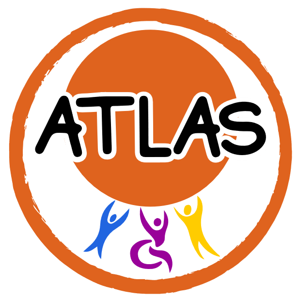 The ATLAS logo. Inside the outline of a bright orange circle there are 3 silhouettes of people drawn holding up a large bright orange circle. The silhouettes are drawn in a stylistic rather than realistic way with their arms raised up above they head towards the orange circle. On the left the silhouette is blue and on the right is the tallest silhouette which is yellow. In the middle is a purple silhouette in a wheelchair. Across the middle of the orange circle “ATLAS” is written in large font.