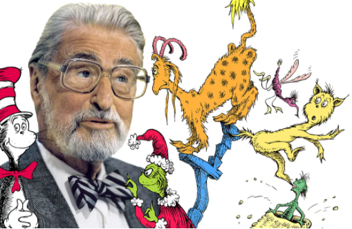 Photopgraph of Dr. Seuss with the illustrations of some of his characters from his books drawn around his head. He is wearing large square glass a grey blazer and a bow tie.
