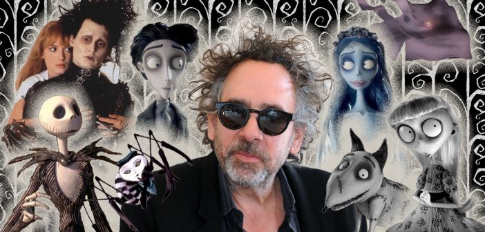 Photograph of Tim Burton with some of his characters pictured around his head and shoulders. Tim is wearing sunglasses and a black blazer.