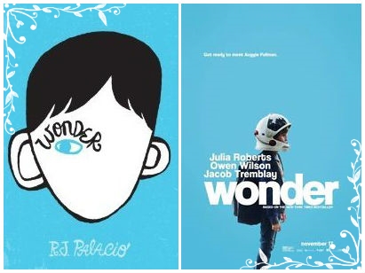 on the left the book cover of Wonder is shown which has the outline of a face with short black hair and Wonder written over a blue eye. And on the right it is an image of the film cover, a boy stood wearing a motorcycle helmet with the visor up, wonder is written over the top