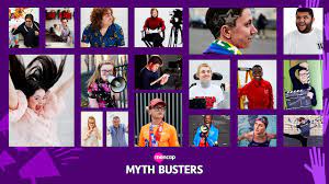 Collage image of the MENCAP Myth Busters on a purple background