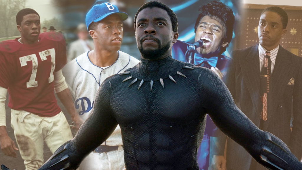 Shows various roles that Chadwick has played in his career, on the left is Jackie Robinson in his baseball cap and baseball shirt, the middle is T'Challa wearing his Black Panther suit from the movie, on the right, James Brown can be seen singing in a microphone wearing a bow tie and jacket and next to him is Thurgood Marshell wearing a suit and yellow tie.