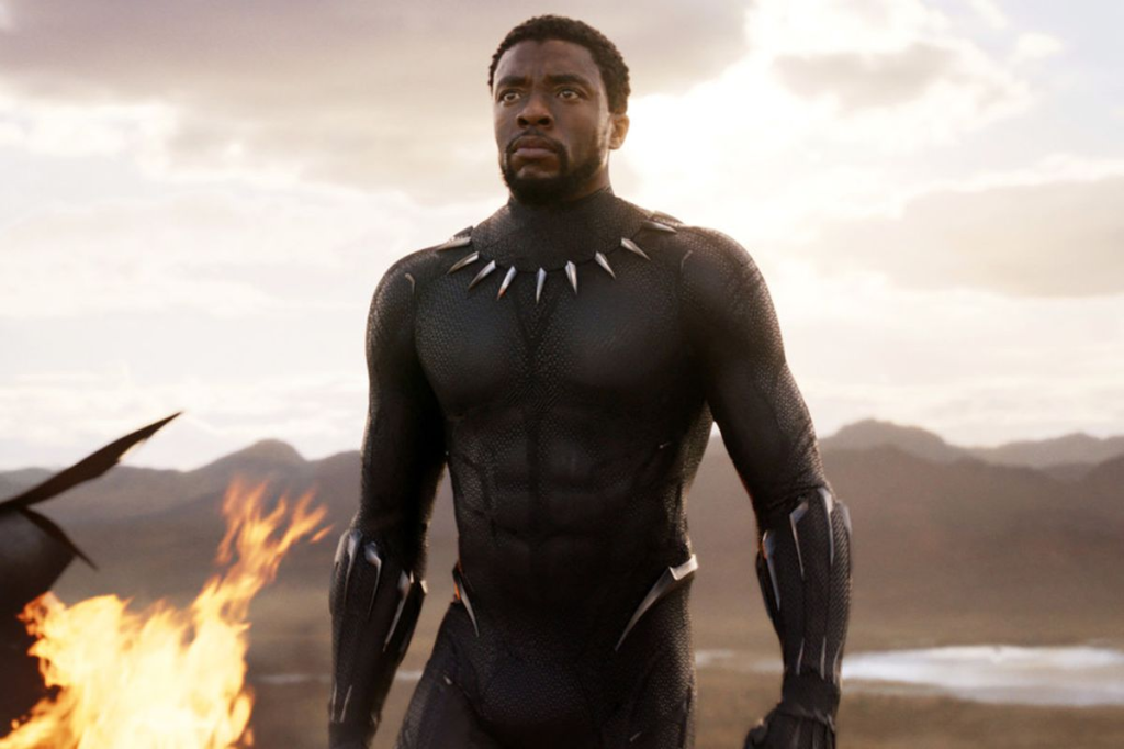 Screengrab from the Marvel movie Black Panther when an unmasked T'Challa emerges from a flaming hovercraft with a view of the grassland behind him.